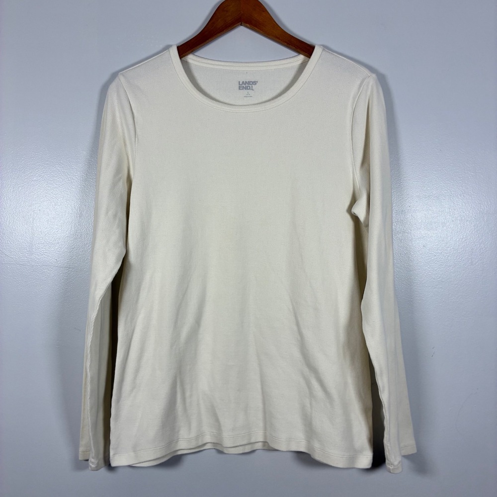 Lands End Top L 14-16 Ribbed Knit Basic Layer Neutral Preppy Capsule Wardrobe